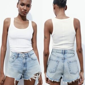 ZARA | trf high waist ripped curved denim shorts